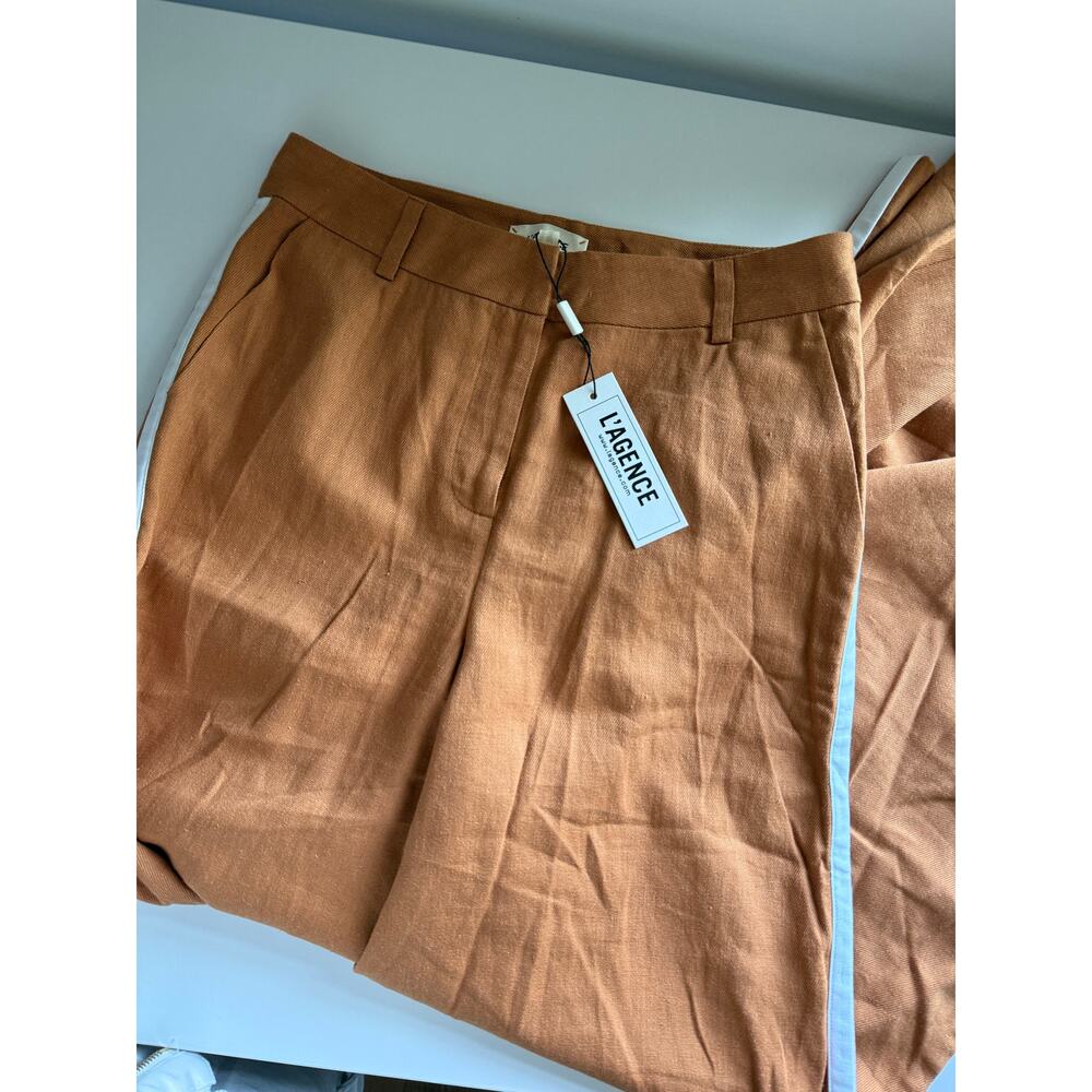 $525 New L’agence Linen Blend Gavin Wide Leg Trousers - Ginger Ivory Stripe - 2 - Picture 7 of 9
